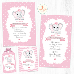 Kit imprimible elefantita bebe rosa decoracion bautismo estampitas