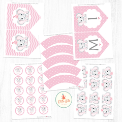 Kit imprimible elefantita bebe rosa decoracion baby shower nena