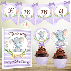 Kit imprimible elefante elefantita bebe decoración baby shower nena