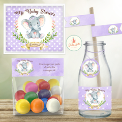 Kit imprimible elefante elefantita bebe decoración baby shower nena