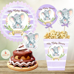 Kit imprimible elefante elefantita bebe decoración torta cake topper