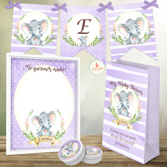 Kit imprimible elefante elefantita bebe decoración baby shower nena