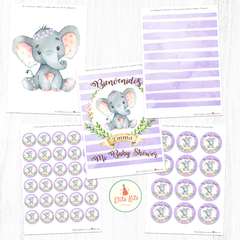 Kit imprimible elefante elefantita bebe decoración baby shower nena