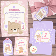 Kit imprimible Gatita + Banner Circular Fondo Mesa Dulce