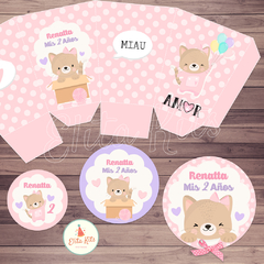 Kit imprimible Gatita + Banner Circular Fondo Mesa Dulce - Kits Imprimibles - Elita Kits Digitales