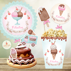 Kit imprimible Helados Heladitos decoración torta cake topper