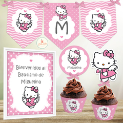 Kit Imprimible Hello Kitty Angel Bautismo Nena banedrines, cartel de bienvenida