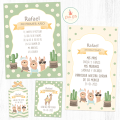 Kit Imprimible Llamas Alpacas Cactus Varón tarjetas invitaciones