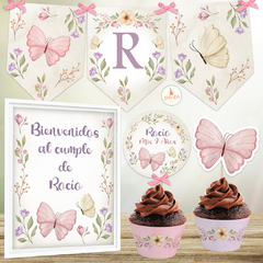 Kit imprimible Mariposas y Flores + Banner Circular Fondo Mesa Dulce Candybar en internet