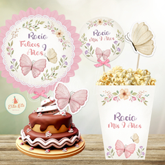 Imagen de Kit imprimible Mariposas y Flores + Banner Circular Fondo Mesa Dulce Candybar