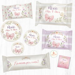 Kit imprimible Mariposas y Flores + Banner Circular Fondo Mesa Dulce Candybar