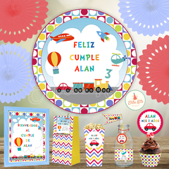 Kit imprimible Medios de Transporte + Banner Circular Fondo Mesa Dulce Candybar