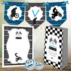 Kit Imprimible Motocross Celeste + Banner Circular Fondo Mesa Dulce Candybar - comprar online