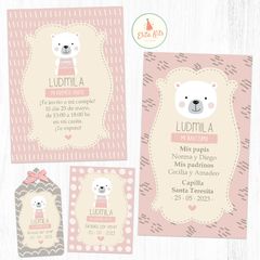 Kit Imprimible Osita Polar Nórdica tarjetas estampitas recuerdo bautismo