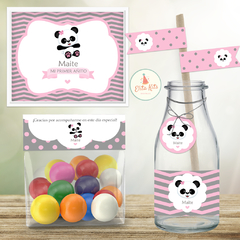 Kit Imprimible Osito Panda Nena Gris Rosa + Banner Circular Fondo Mesa Dulce - Kits Imprimibles - Elita Kits Digitales