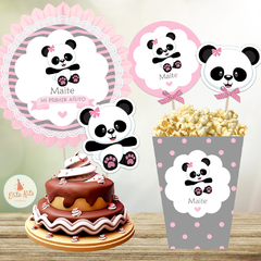 Kit Imprimible Osito Panda Nena Gris Rosa + Banner Circular Fondo Mesa Dulce - tienda online