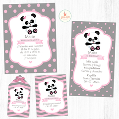 Kit Imprimible Osito Panda Nena Gris Rosa + Banner Circular Fondo Mesa Dulce
