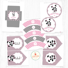 Kit Imprimible Osito Panda Nena Gris Rosa + Banner Circular Fondo Mesa Dulce en internet