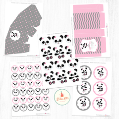 Kit Imprimible Osito Panda Nena Gris Rosa + Banner Circular Fondo Mesa Dulce - Kits Imprimibles - Elita Kits Digitales