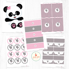 Kit Imprimible Osito Panda Nena Gris Rosa + Banner Circular Fondo Mesa Dulce - tienda online