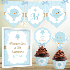 Kit imprimible pajaritos bautismo varón decoración