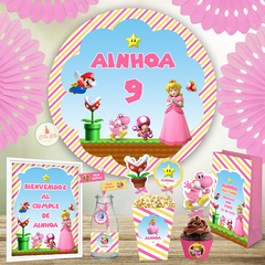 Kit Imprimible Princesa Peach Super Mario Bros para nenas cumpleaños banner circular