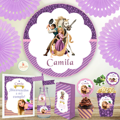 Kit Imprimible Rapunzel banner circular fondo mesa dulce