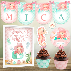 Kit imprimible Sirenita + Banner Circular Fondo Mesa Dulce Candybar