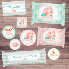 Kit imprimible Sirenita + Banner Circular Fondo Mesa Dulce Candybar