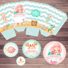 Kit imprimible Sirenita + Banner Circular Fondo Mesa Dulce Candybar