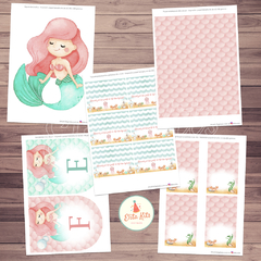 Kit imprimible Sirenita + Banner Circular Fondo Mesa Dulce Candybar