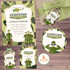 Kit imprimible soldado militar camuflado ejercito, decoración cumpleaños candy bar nene varón