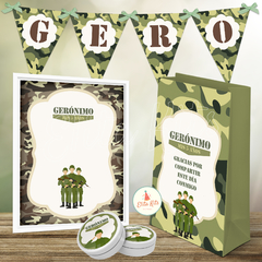 Kit imprimible soldado militar camuflado ejercito, decoración cumpleaños candy bar nene varón