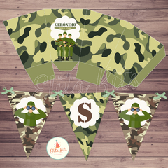 Kit imprimible soldado militar camuflado ejercito, decoración cumpleaños candy bar nene varón