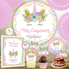 Kit Imprimible Unicornio + Banner Circular fondo mesa dulce