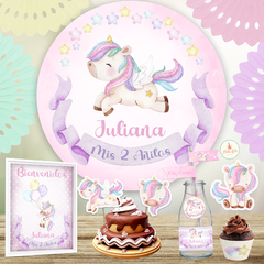 Kit Imprimible Unicornio Mágico + Banner Circular Fondo Mesa Dulce Candybar