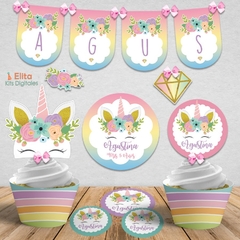 Kit Imprimible Unicornio + Banner Circular Fondo Mesa Dulce - Kits Imprimibles - Elita Kits Digitales