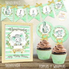 Kit Imprimible Elefante Acuarelas verde decoracion baby shower varón