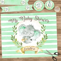 Kit Imprimible Elefante Acuarelas verde decoracion baby shower varón