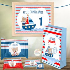 Kit imprimible osito marinero 1 añito bautismo baby shower nene varón