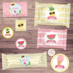 Kit imprimible Verano Pileta Frutas + Banner Circular Fondo Mesa Dulce Candybar