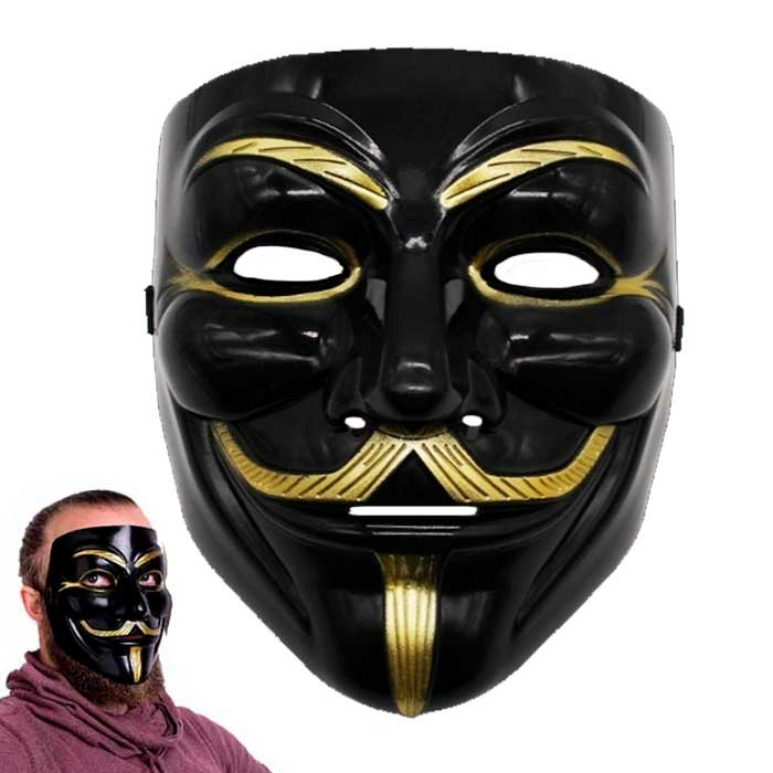 Máscara V de Vingança Anonymous Preta e Dourada Fantasia e Acessório Festas