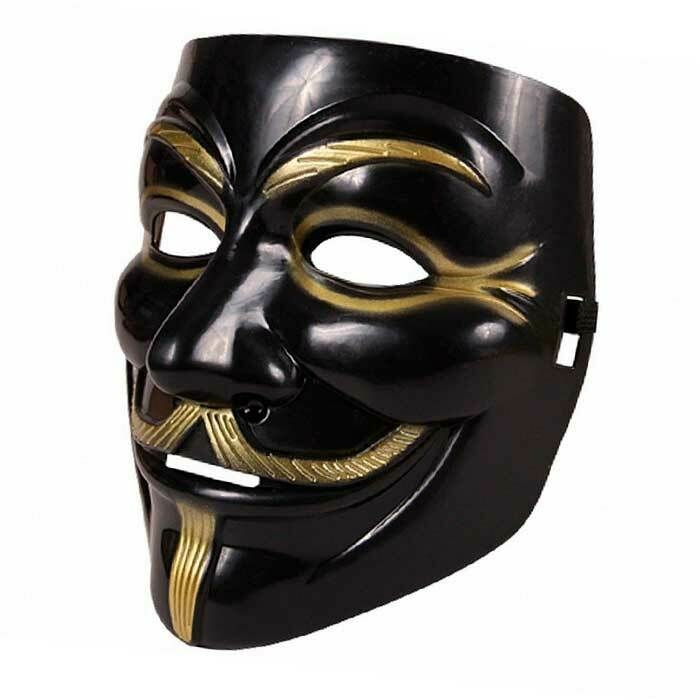 Máscara V de Vingança Anonymous Preta e Dourada Fantasia e Acessório Festas