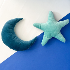 Luna lunera y Estrella estrellada, terciopelo acua y azul