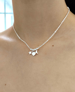 Collar Luna estrella y corazón acero blanco