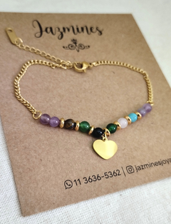 Pulsera corazón con piedras naturales acero dorado