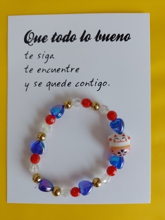 Pulsera Gato de la Suerte Elástica - Azul Roja Dorada