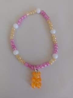 Pulsera con Osito Naranja con Brillos - Rosa Amarilla y Blanca Elástica