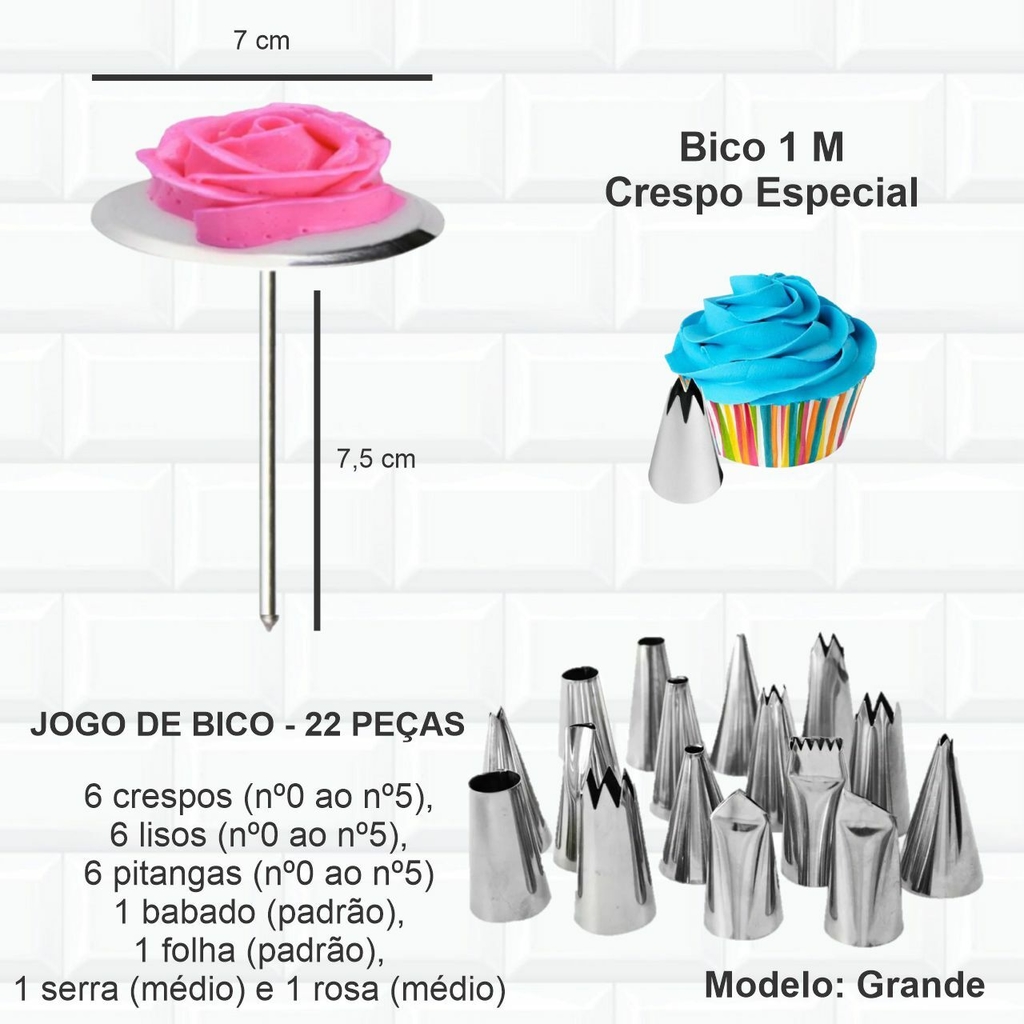 Kit 1 Saco Decorador Confeiteiro com 12 Bicos Inox para Bolo e Cup Cake