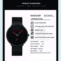 Imagem do Relógio de Pulso Hannah Martin Masculino Preto Ultrafino Para Homens Moda À Prova D'Água Pulseira de Aço Inoxidável, Vermelho